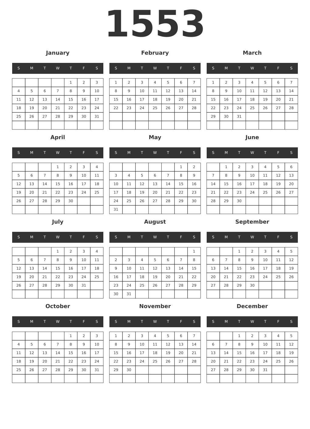 Printable 1553 Year Calendars dark