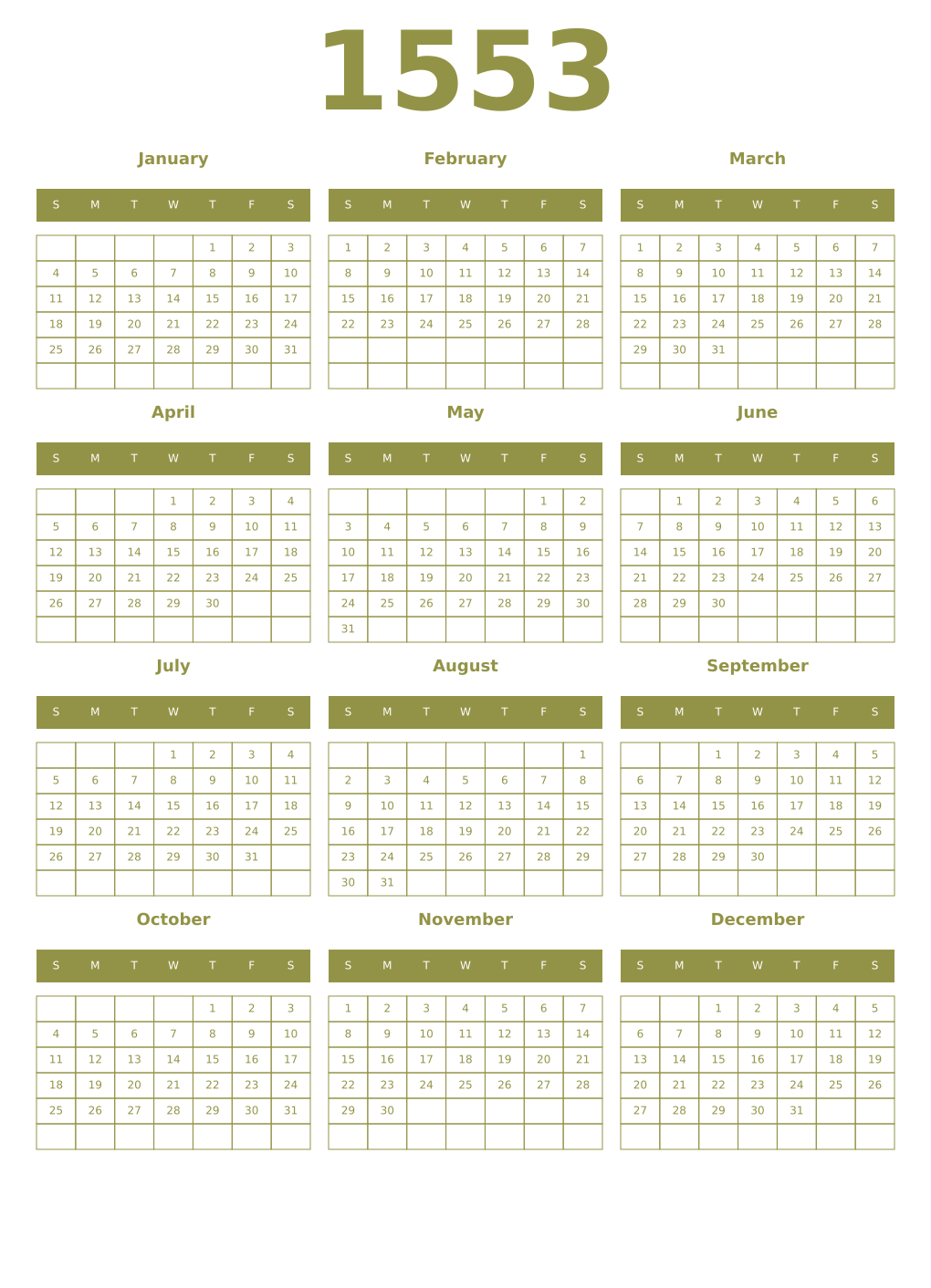 Printable 1553 Year Calendars eburnean