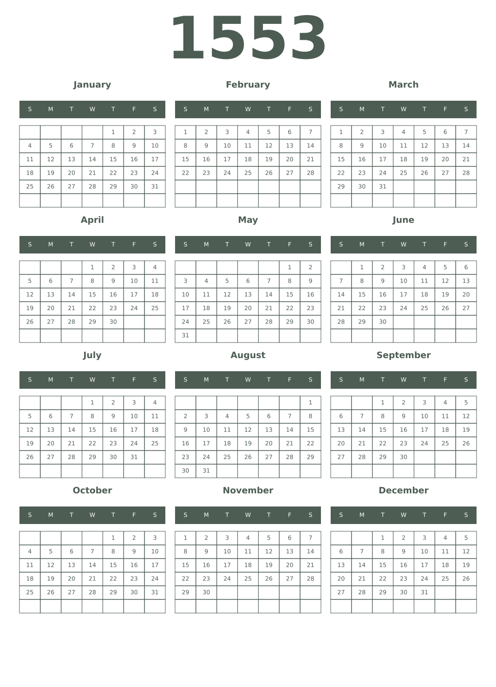 Printable 1553 Year Calendars feldgrau