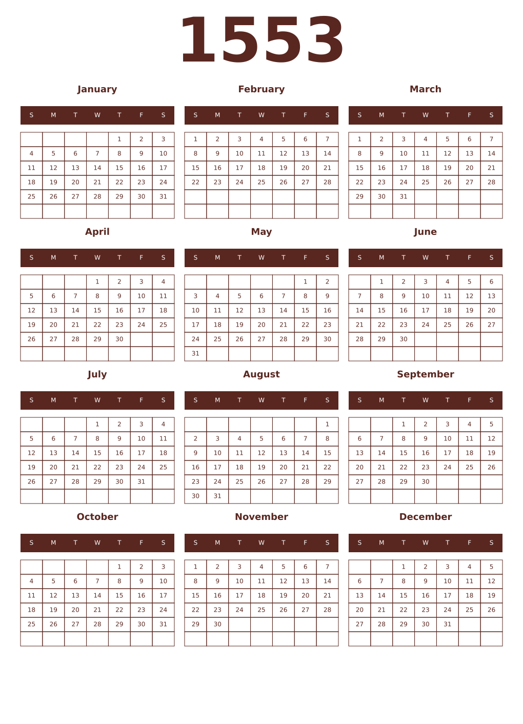 Printable 1553 Year Calendars mortuum