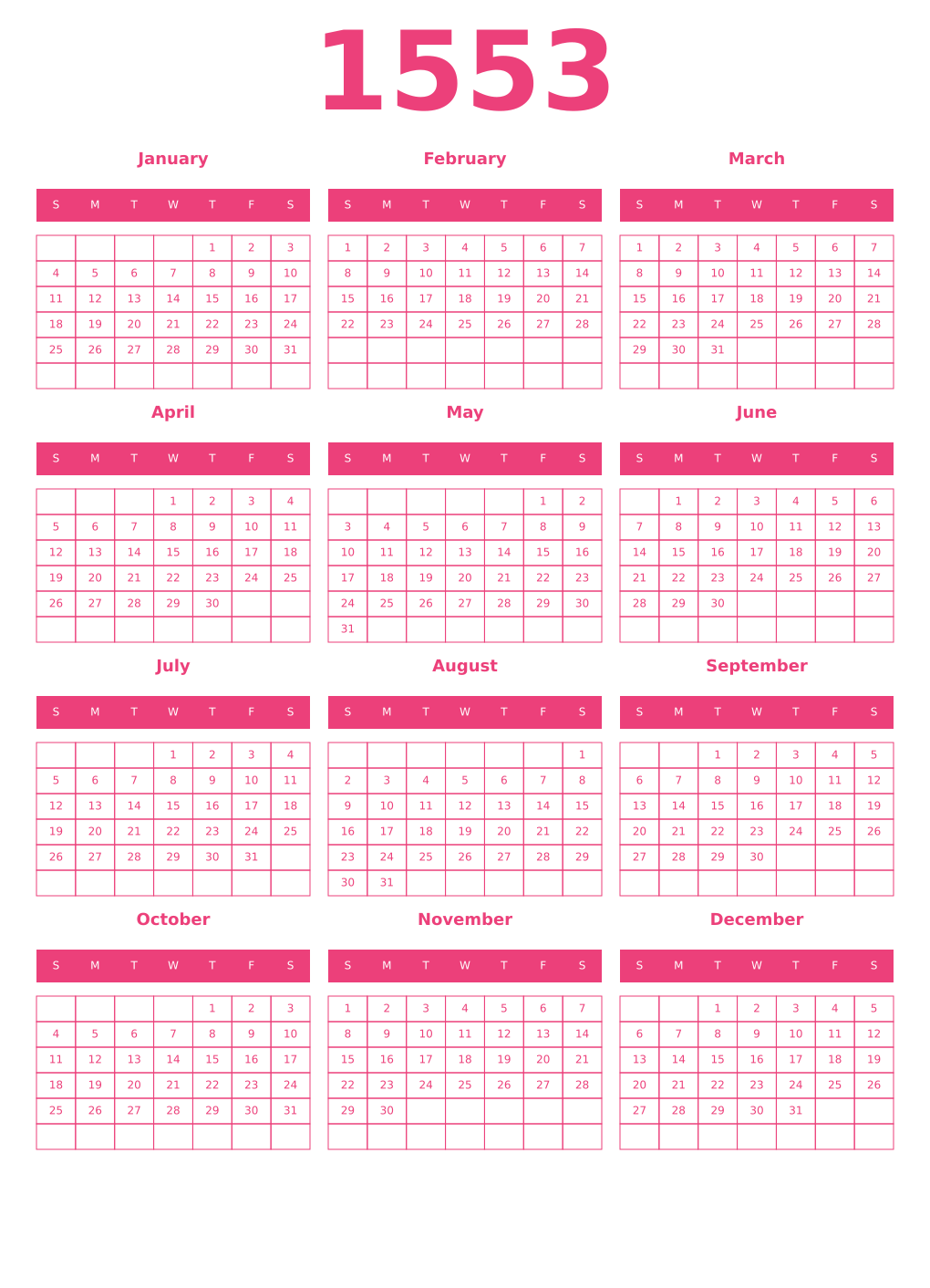 Printable 1553 Year Calendars pink