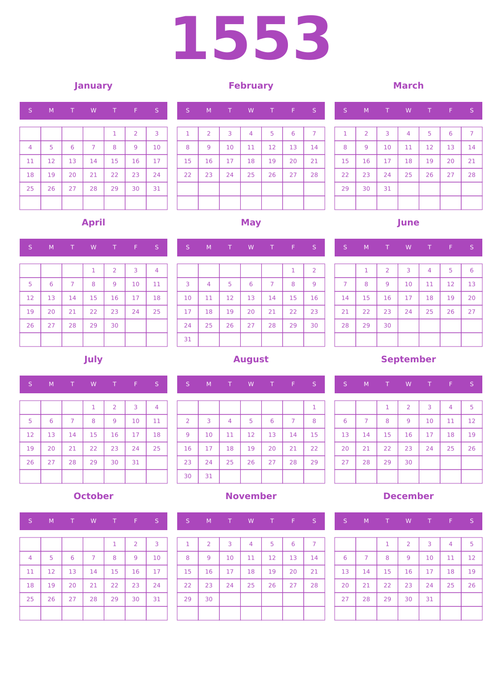Printable 1553 Year Calendars purple