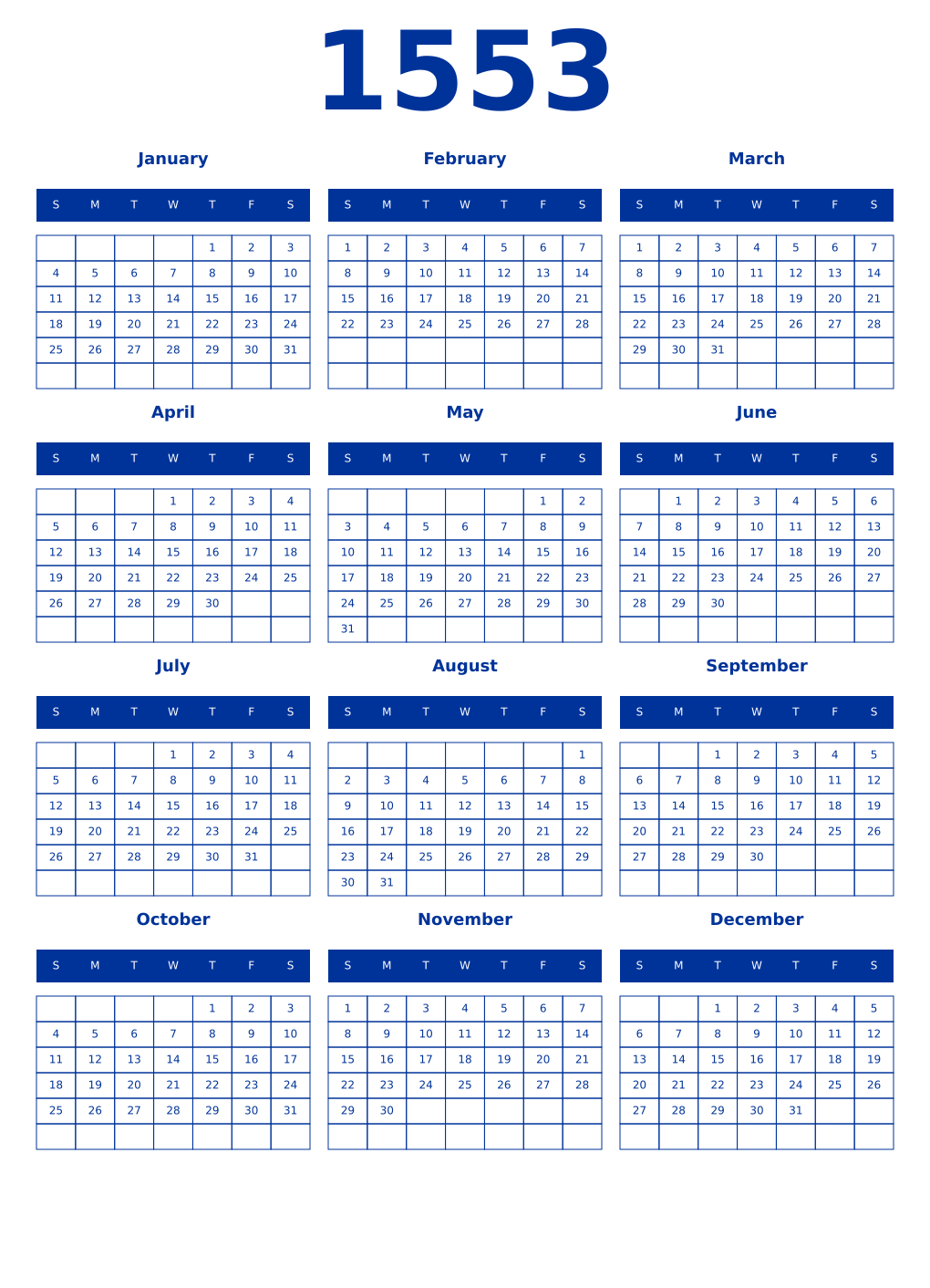 Printable 1553 Year Calendars smalt