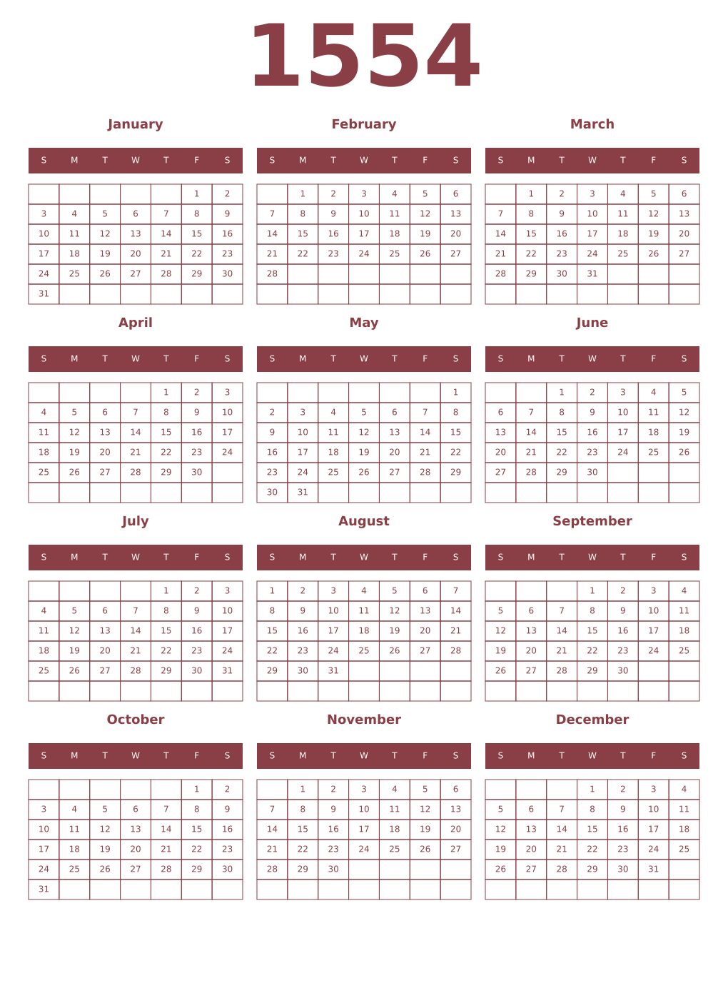 Printable 1554 Year Calendars cordovan