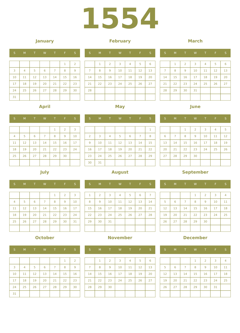 Printable 1554 Year Calendars eburnean