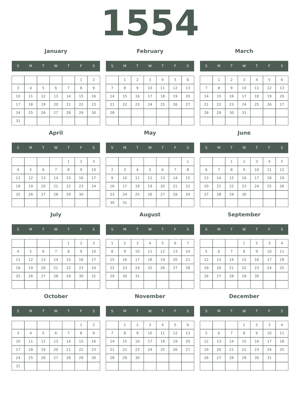 Printable 1554 Year Calendars feldgrau