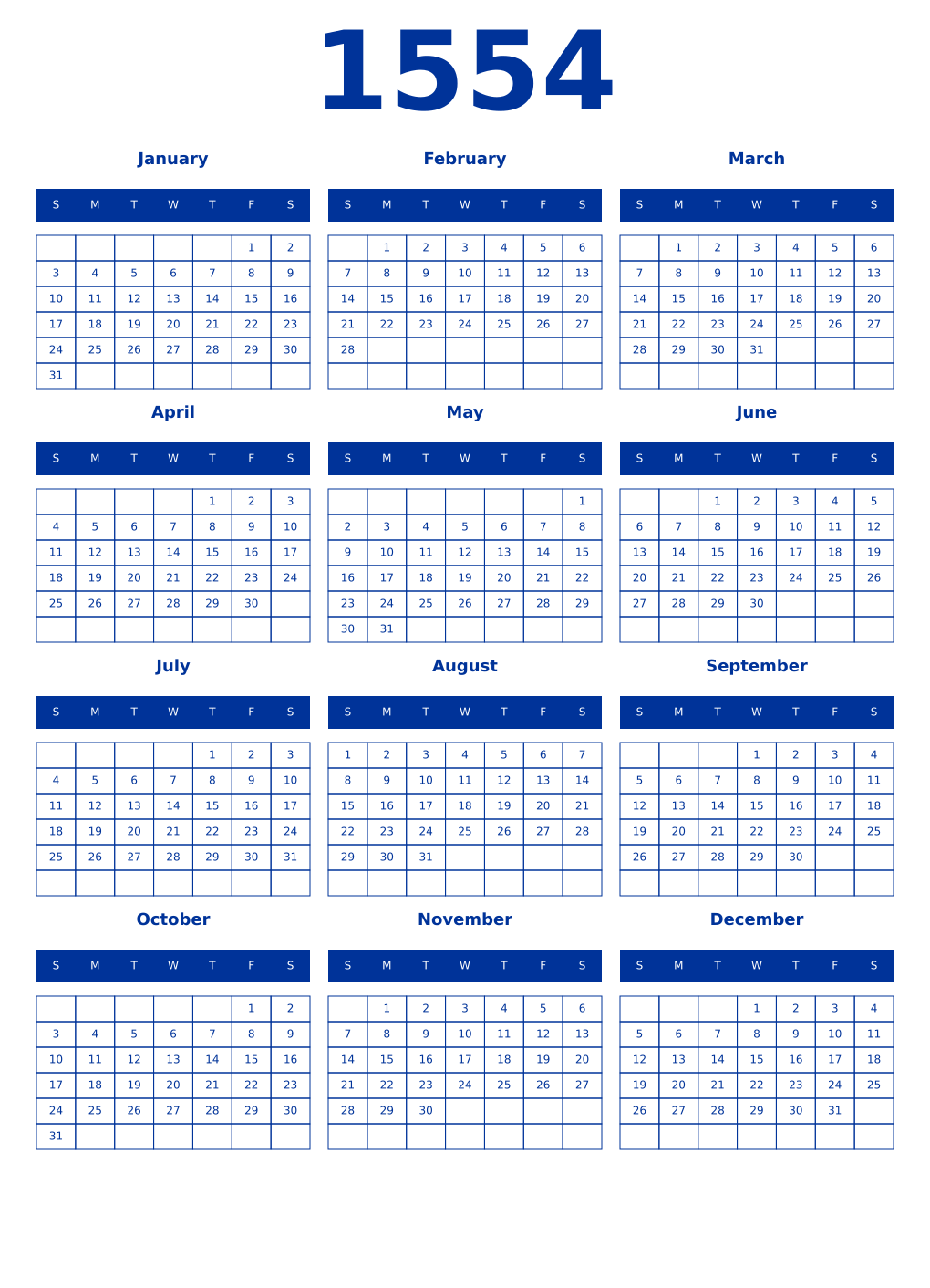 Printable 1554 Year Calendars smalt