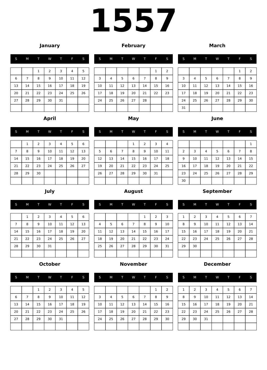 Printable 1557 Calendars