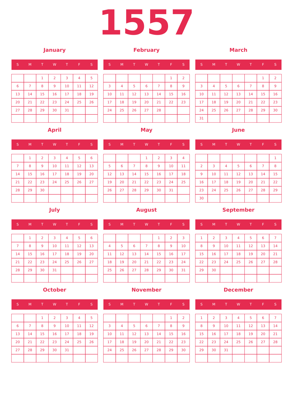 Printable 1557 Year Calendars amaranth