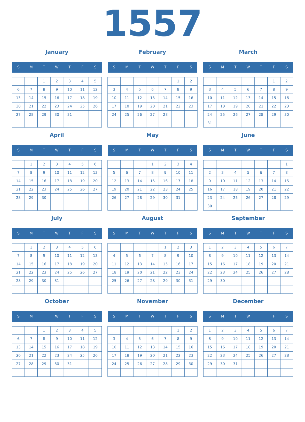 Printable 1557 Year Calendars blue