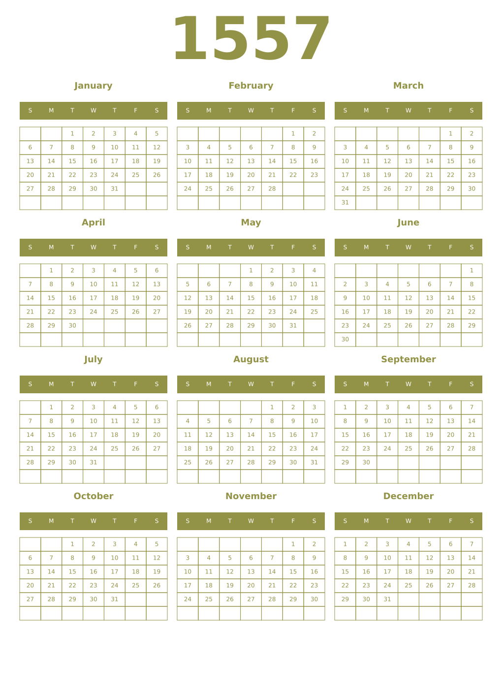 Printable 1557 Year Calendars eburnean