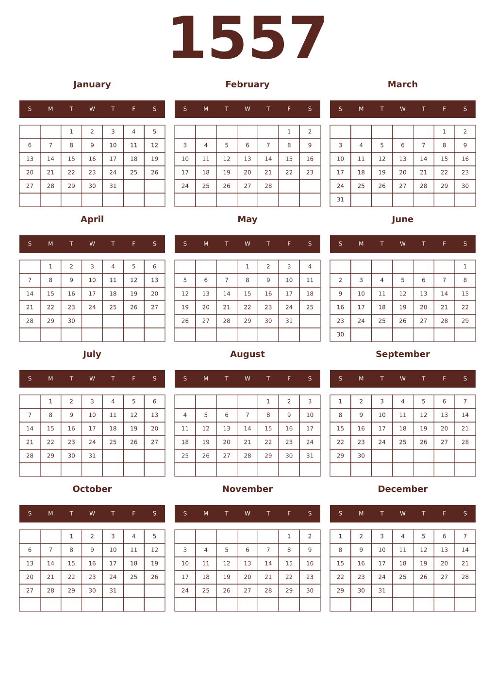 Printable 1557 Year Calendars mortuum