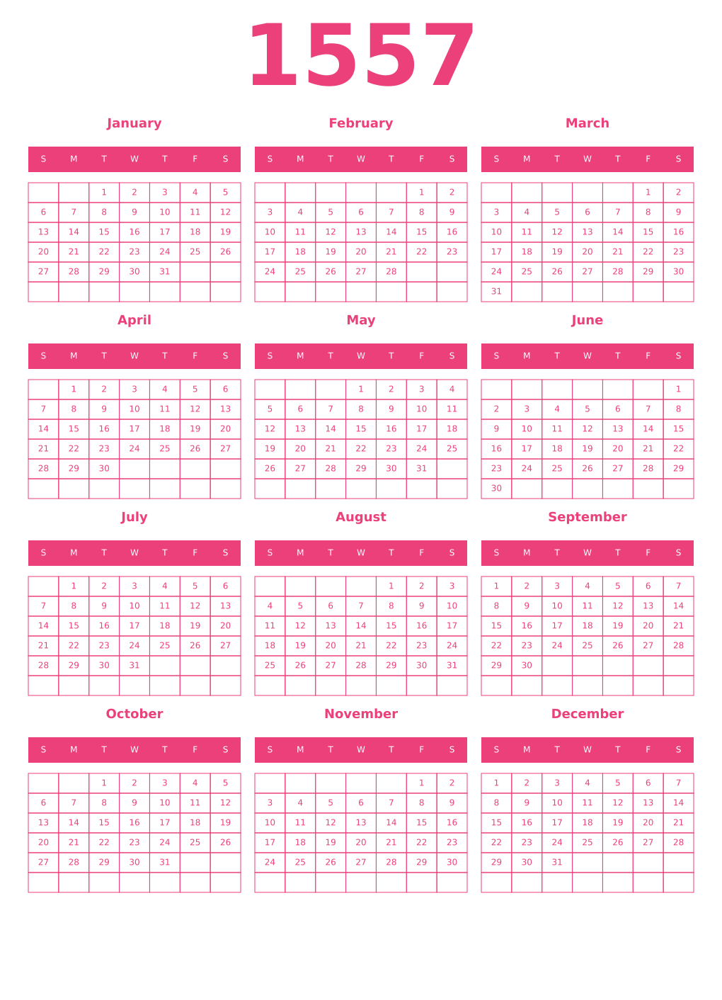 Printable 1557 Year Calendars pink