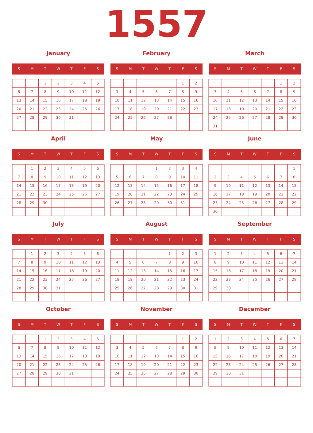 Printable 1557 Year Calendars red
