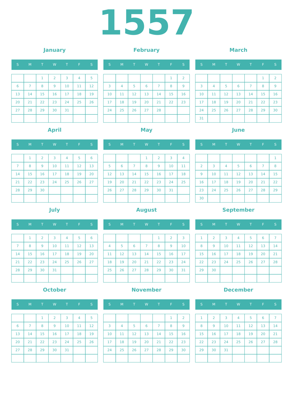 Printable 1557 Year Calendars verdigris