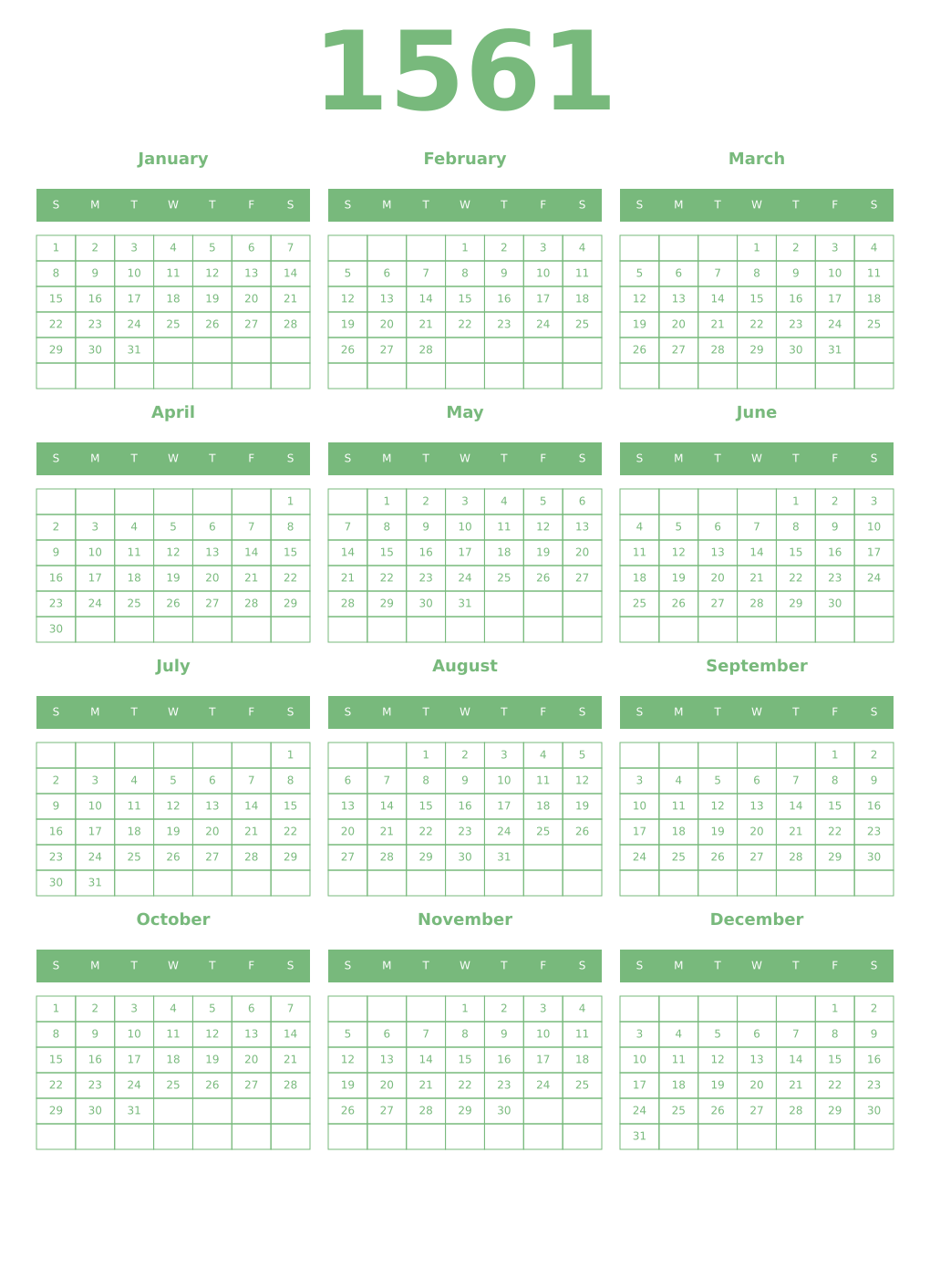 Printable 1561 Year Calendars celadon