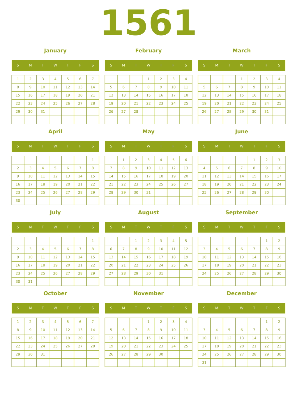 Printable 1561 Year Calendars chartreuse