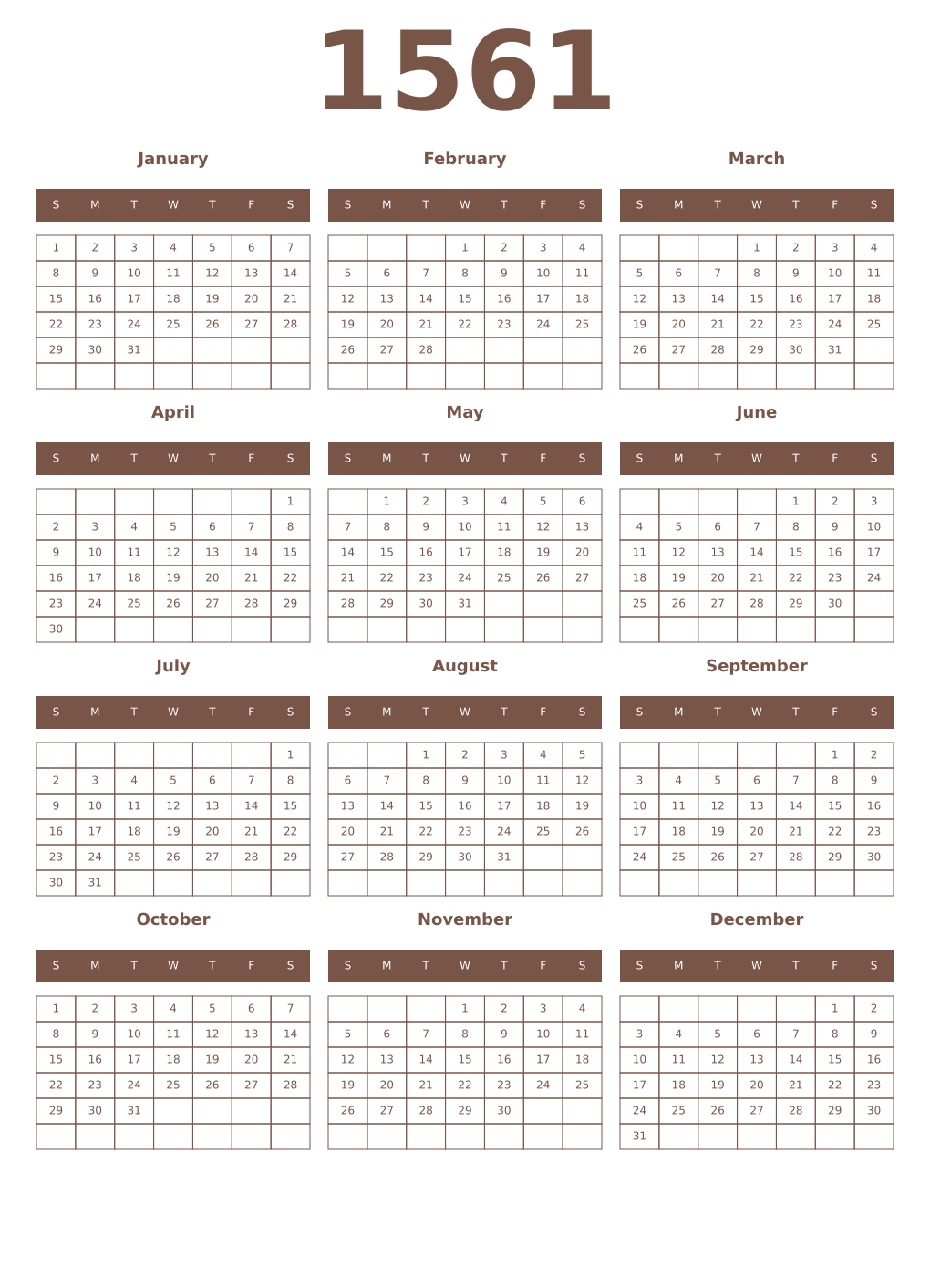 Printable 1561 Year Calendars coffe