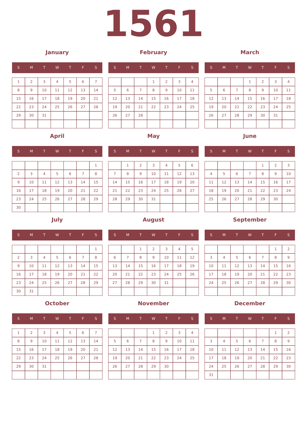 Printable 1561 Year Calendars cordovan