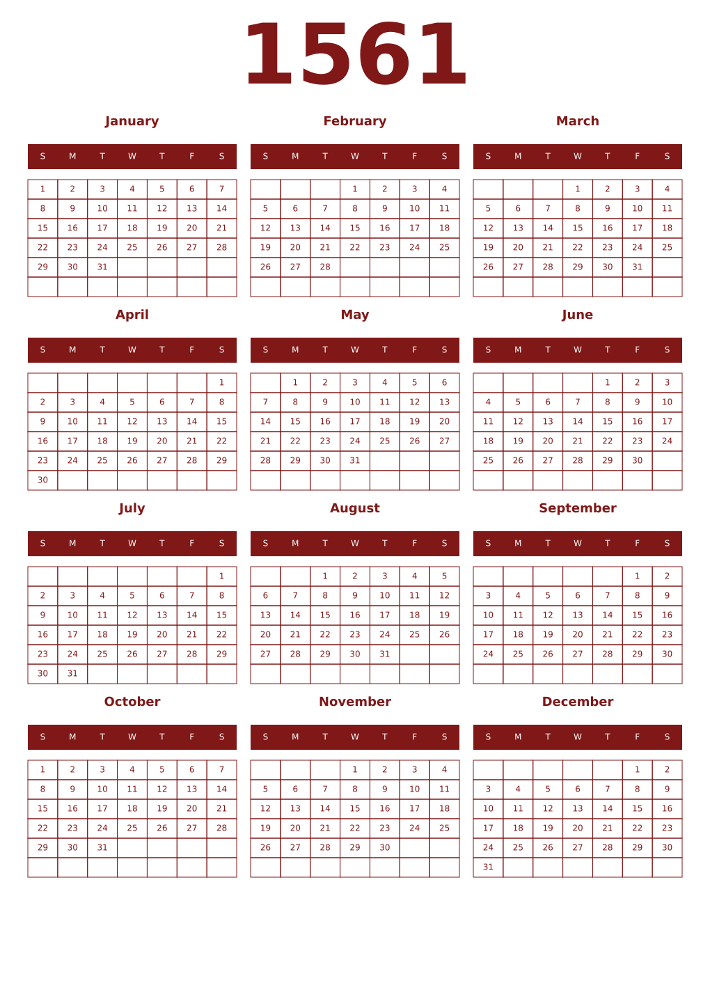 Printable 1561 Year Calendars falu