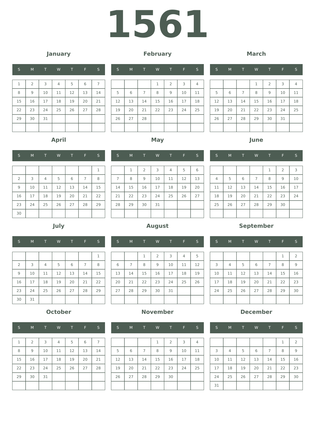 Printable 1561 Year Calendars feldgrau