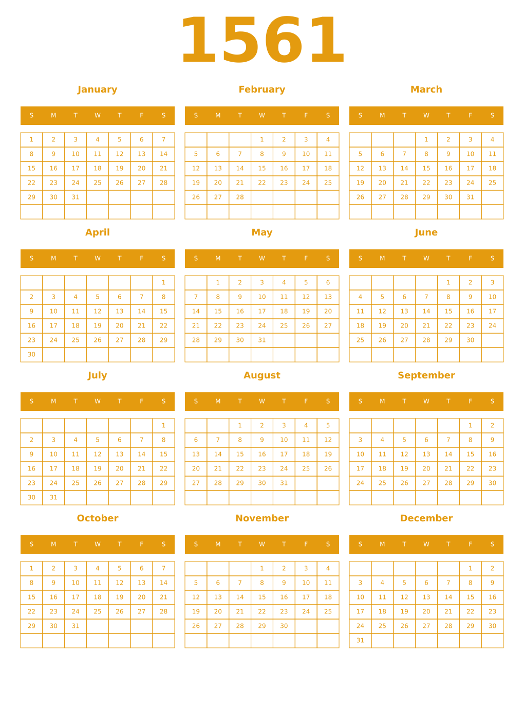 Printable 1561 Year Calendars gamboge