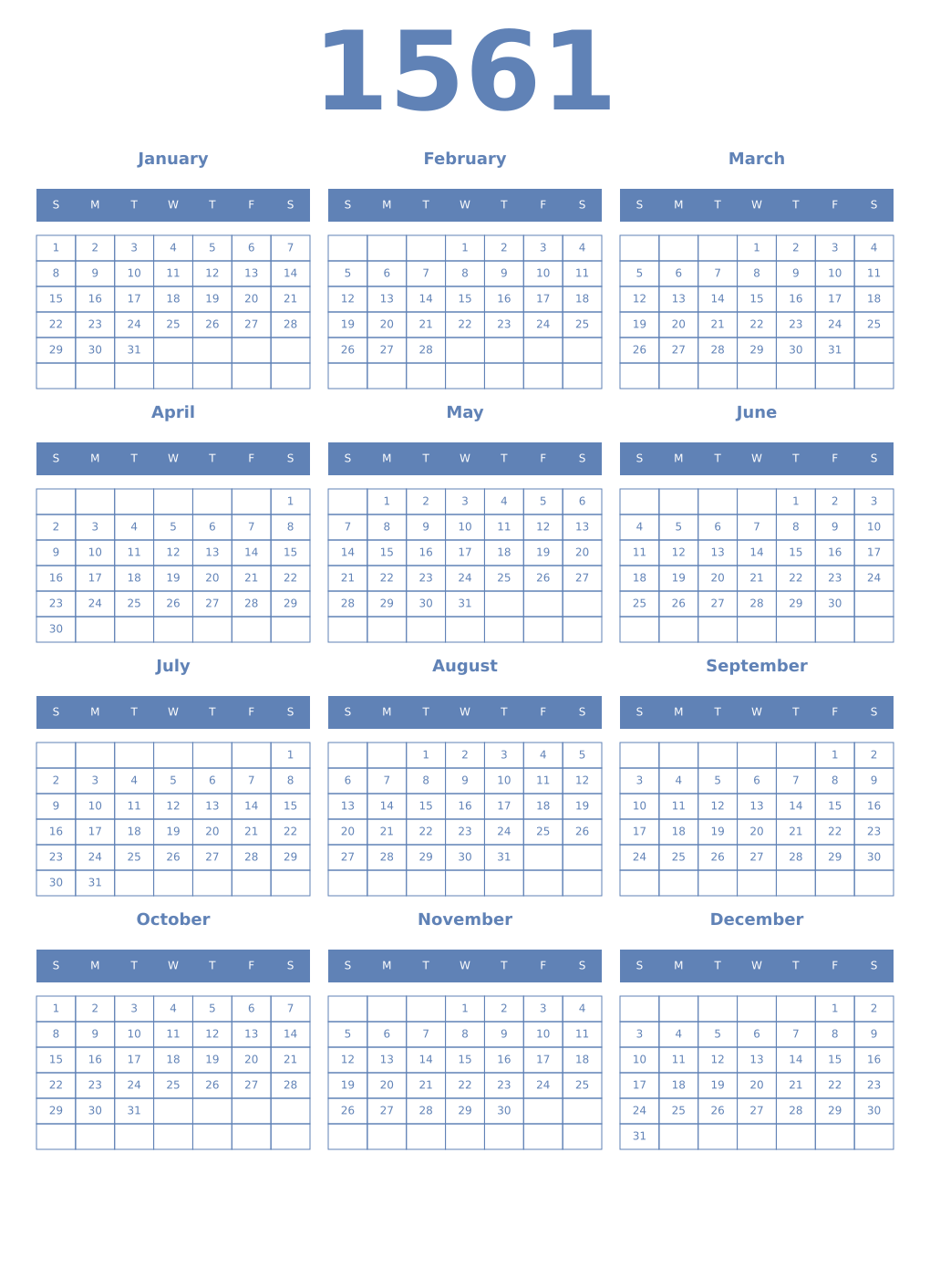Printable 1561 Year Calendars glaucous