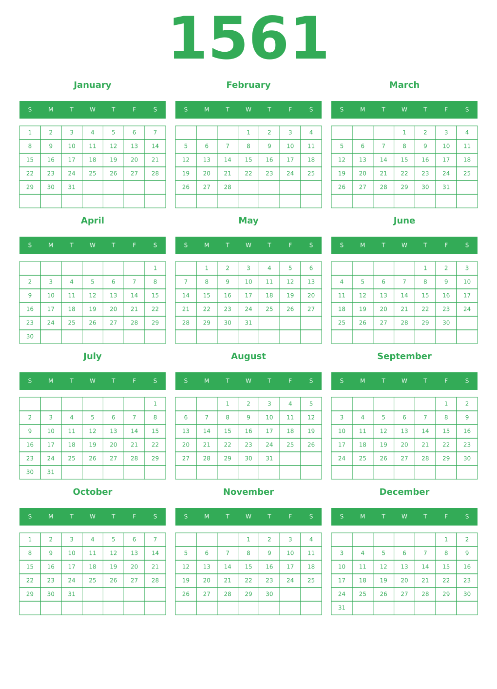 Printable 1561 Year Calendars green