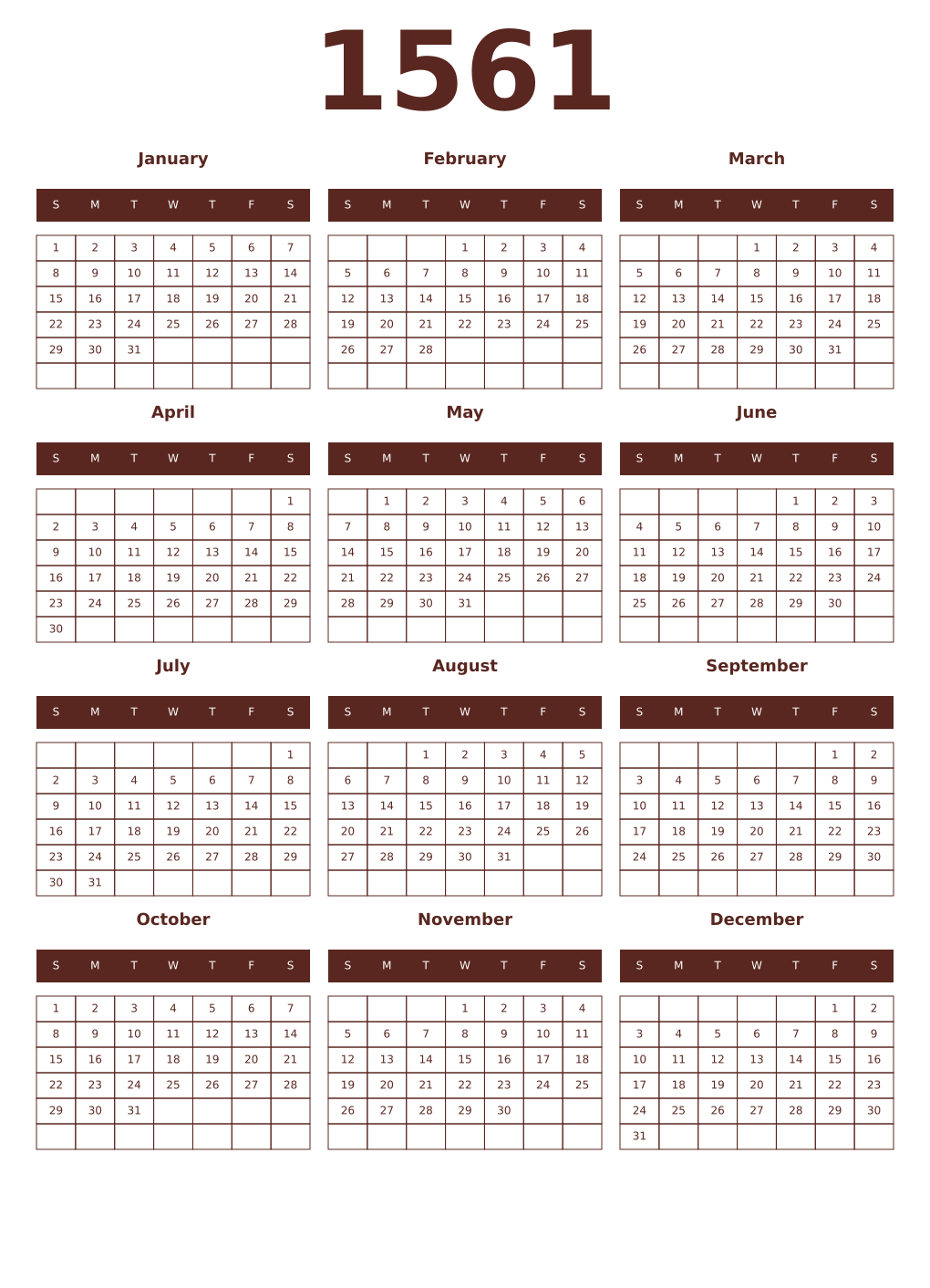 Printable 1561 Year Calendars mortuum