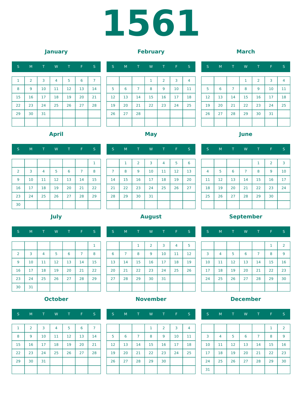 Printable 1561 Year Calendars pastel