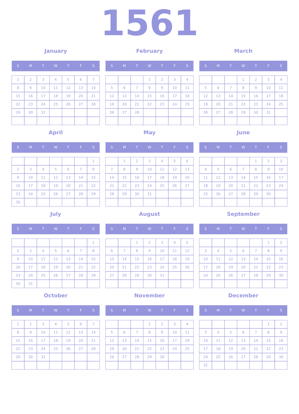 Printable 1561 Year Calendars periwinkle