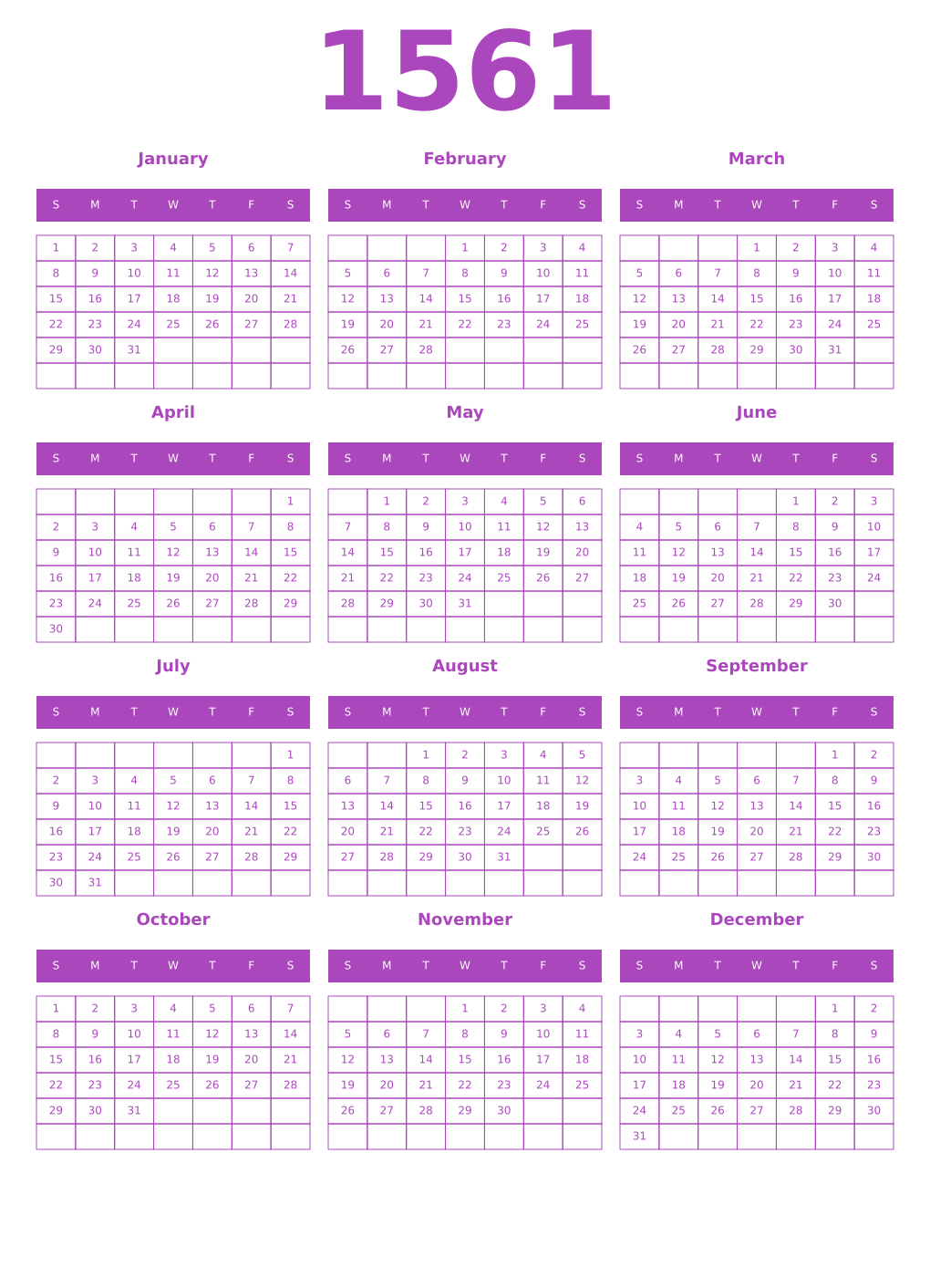 Printable 1561 Year Calendars purple