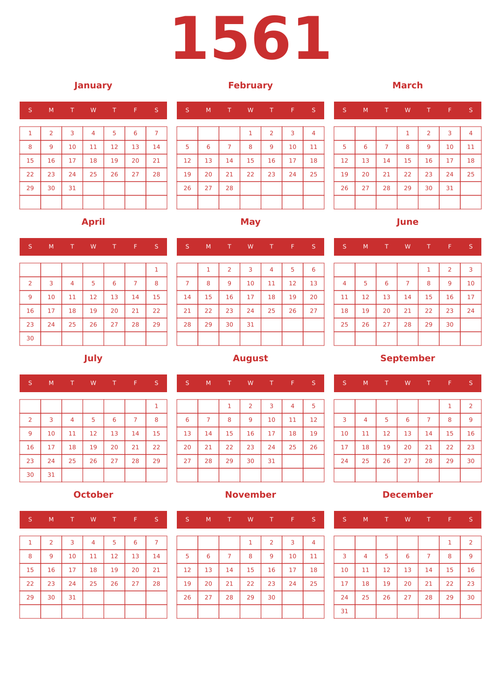 Printable 1561 Year Calendars red