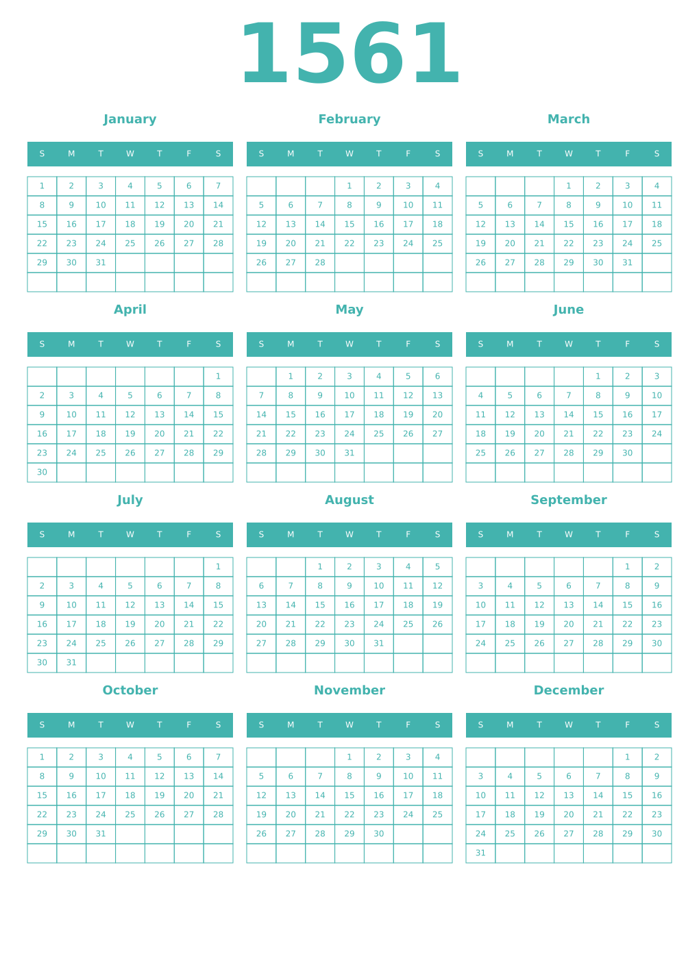 Printable 1561 Year Calendars verdigris