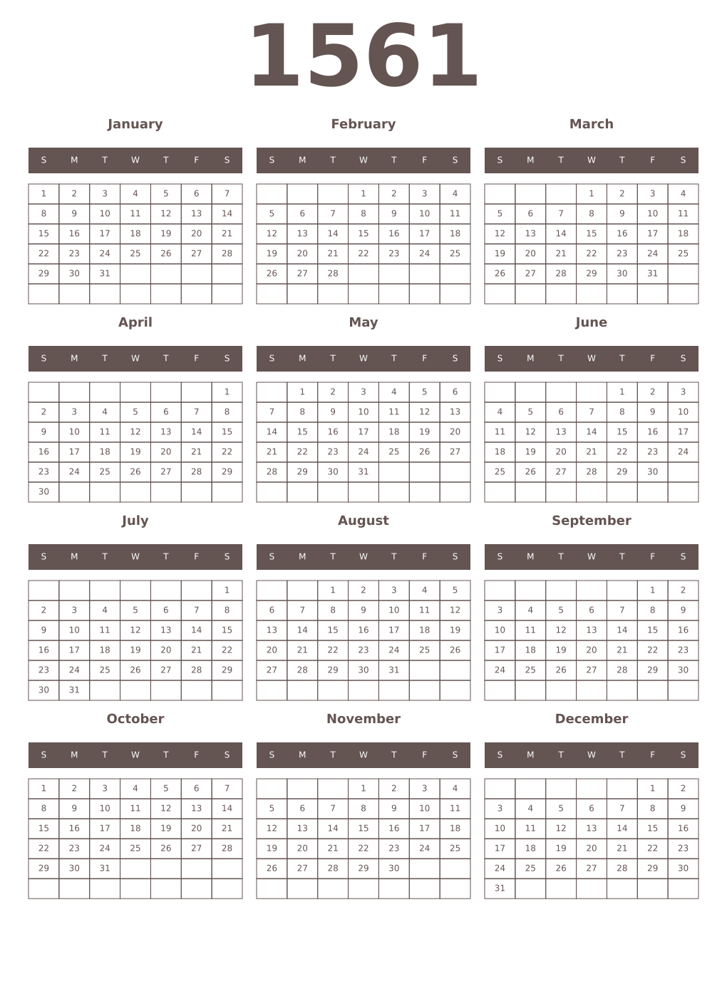 Printable 1561 Year Calendars wenge