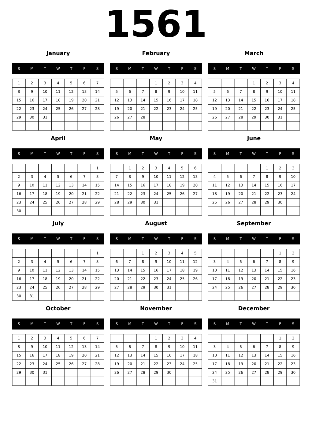 Printable 1561 Calendars