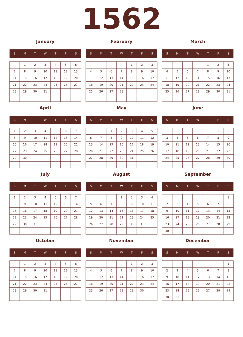 Printable 1562 Year Calendars mortuum