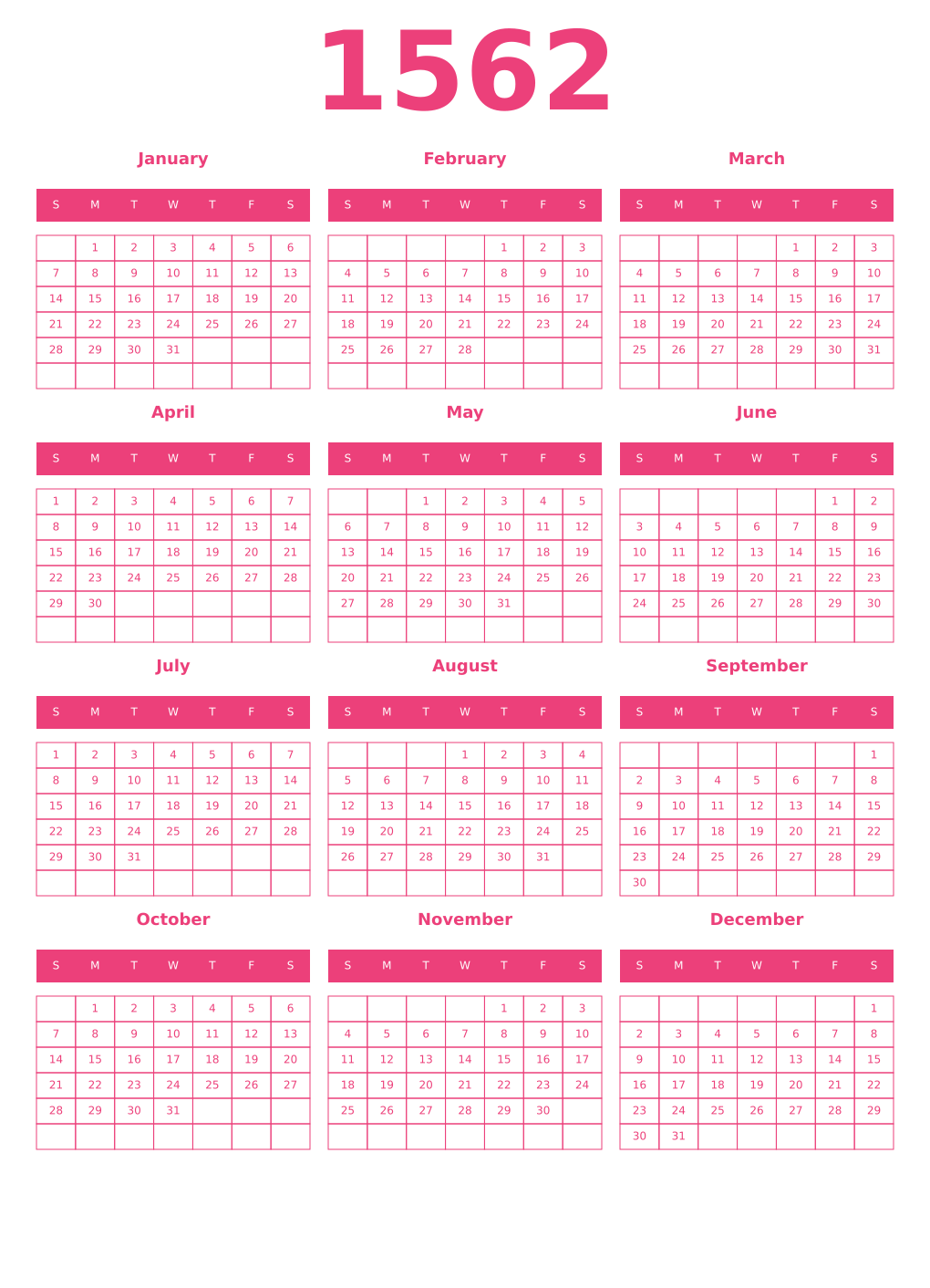 Printable 1562 Year Calendars pink