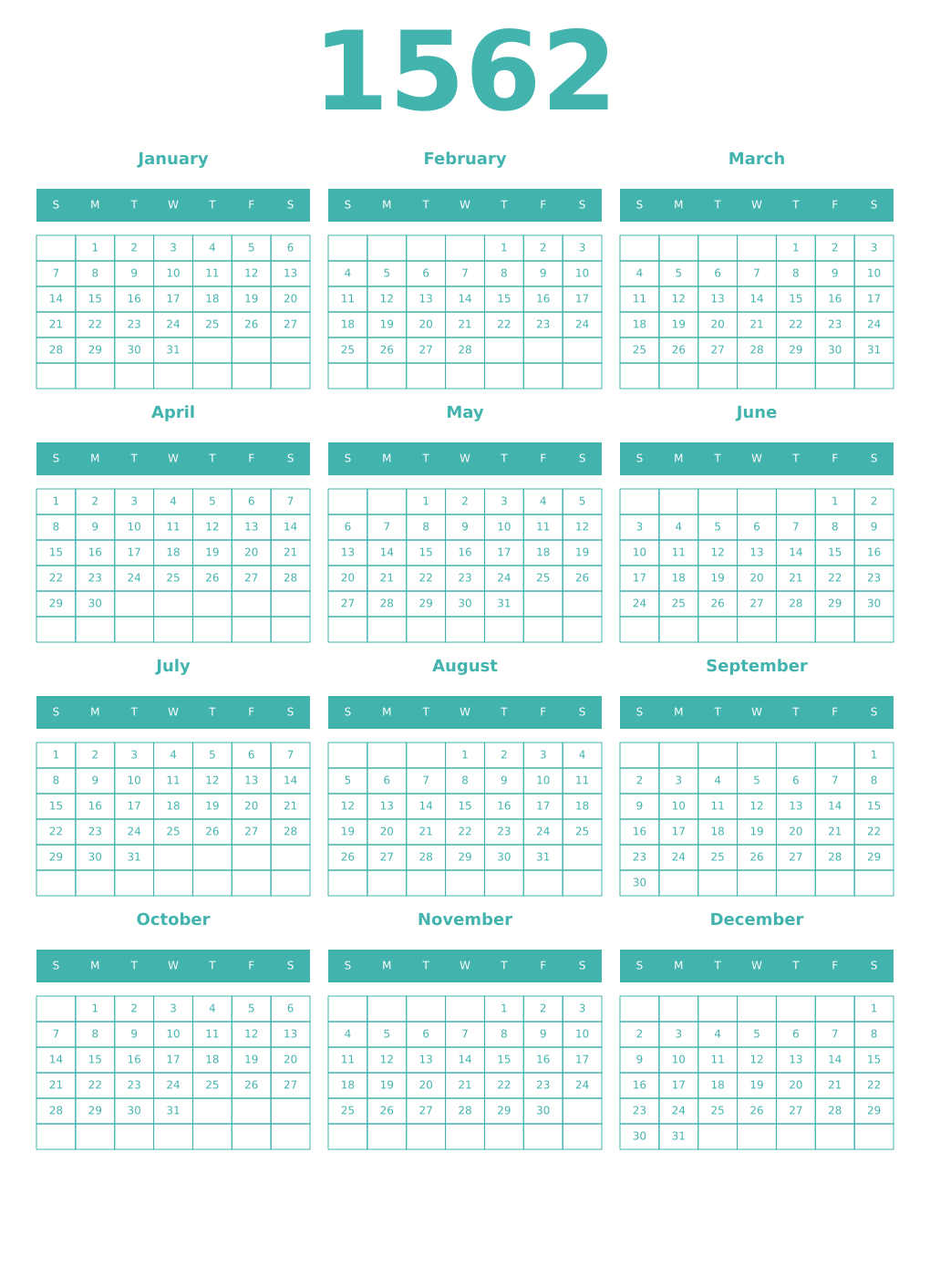 Printable 1562 Year Calendars verdigris
