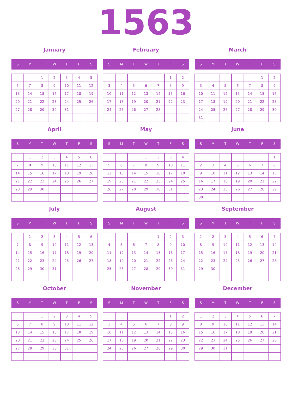 Printable 1563 Year Calendars purple