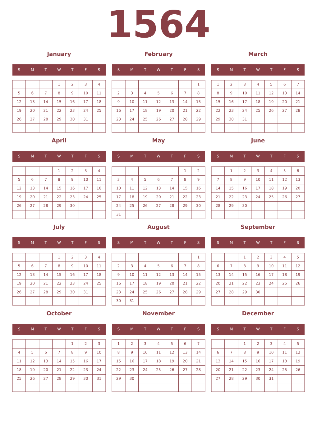 Printable 1564 Year Calendars cordovan