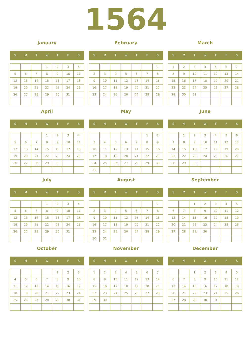 Printable 1564 Year Calendars eburnean
