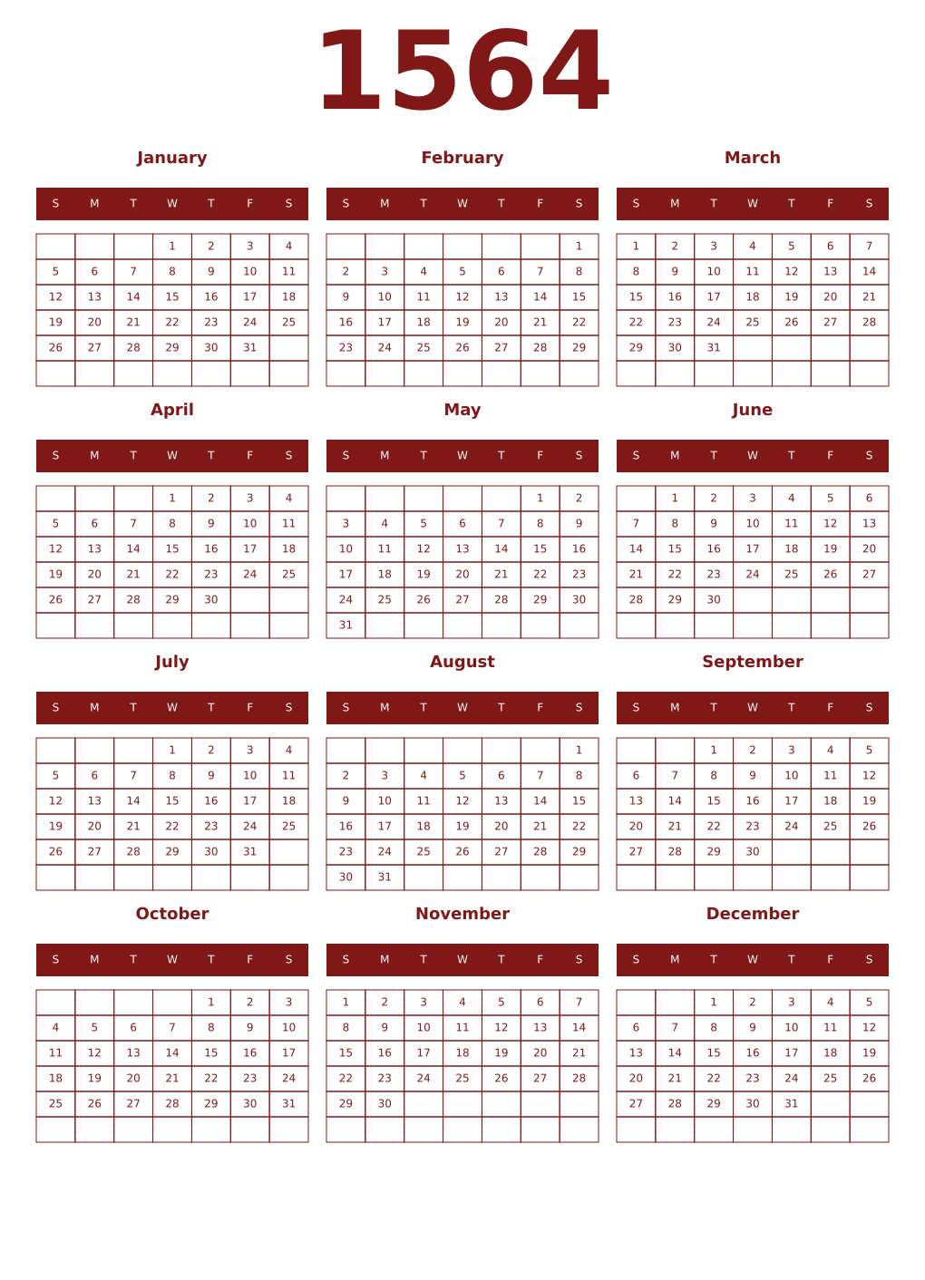 Printable 1564 Year Calendars falu