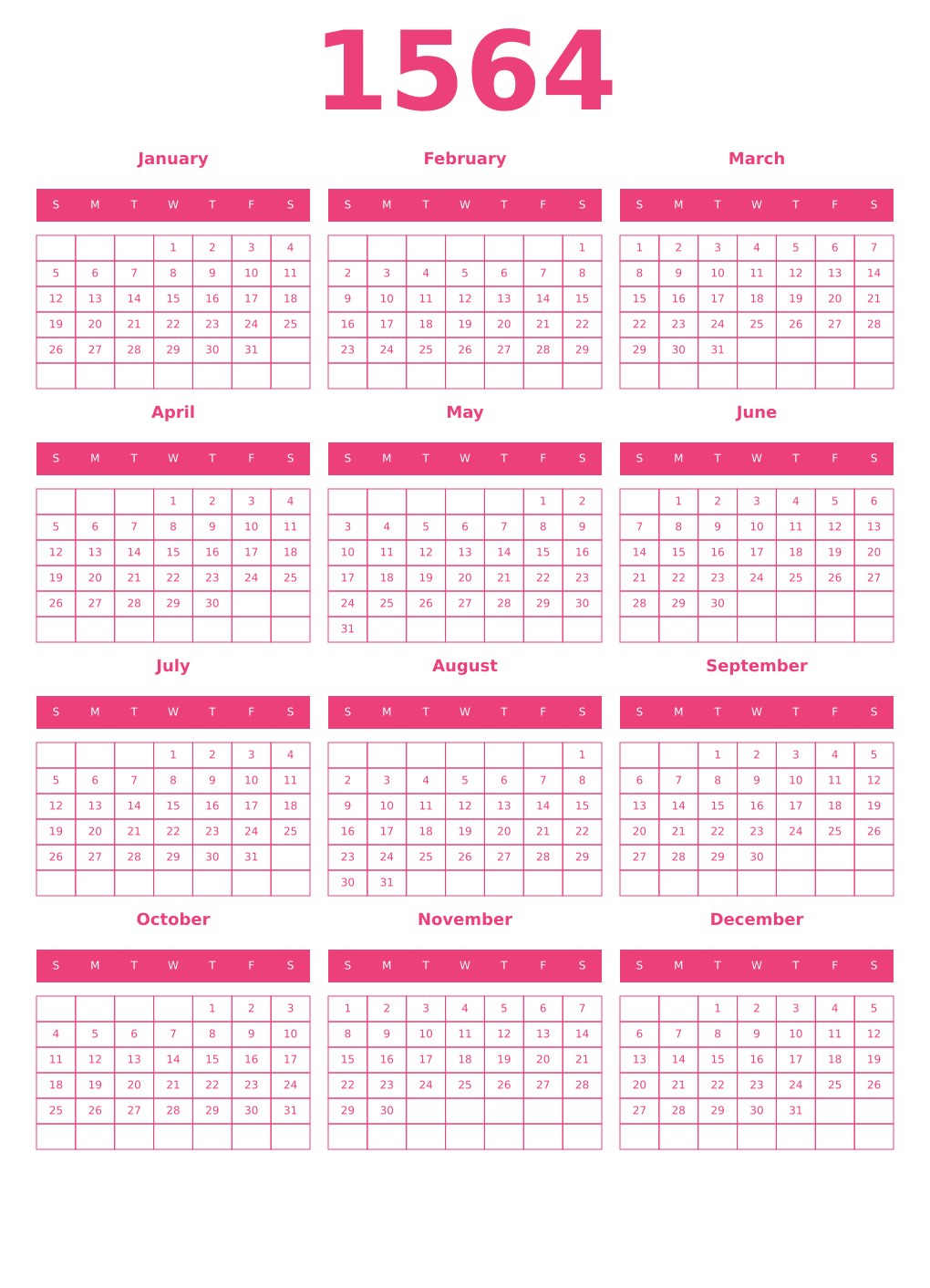 Printable 1564 Year Calendars pink