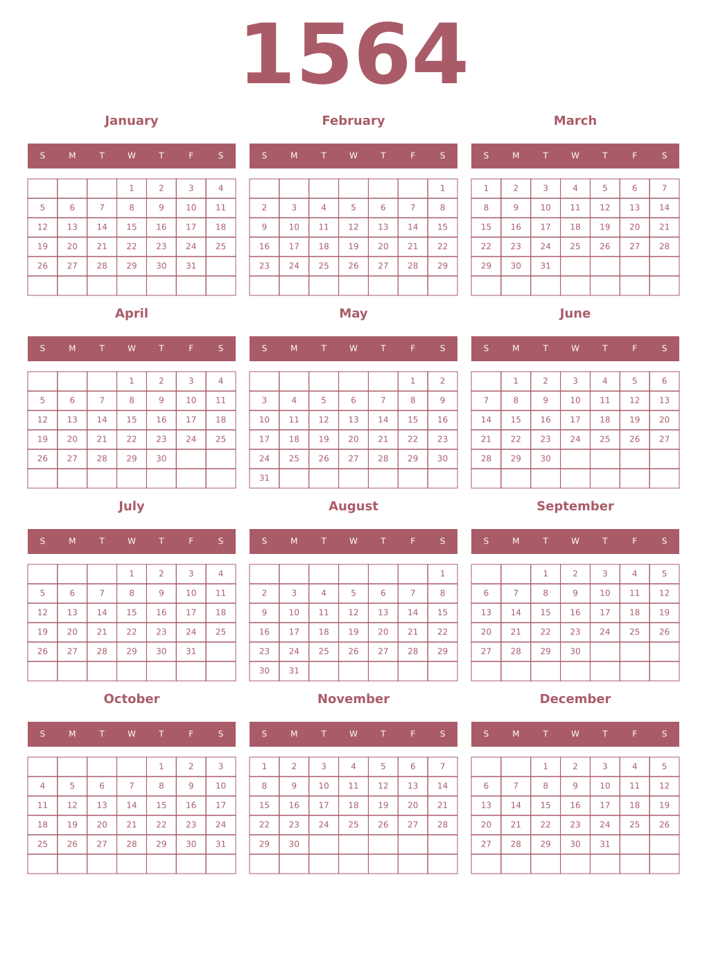 Printable 1564 Year Calendars puce
