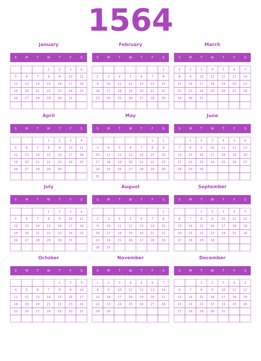 Printable 1564 Year Calendars purple