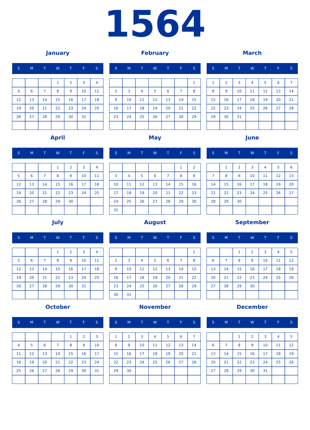 Printable 1564 Year Calendars smalt