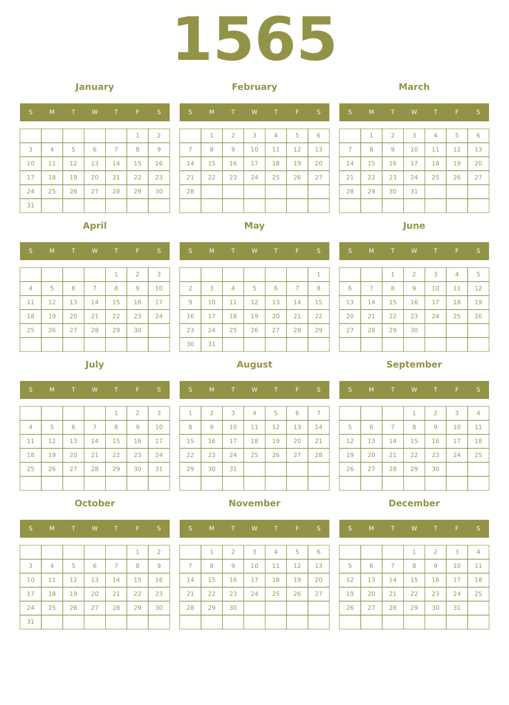 Printable 1565 Year Calendars eburnean