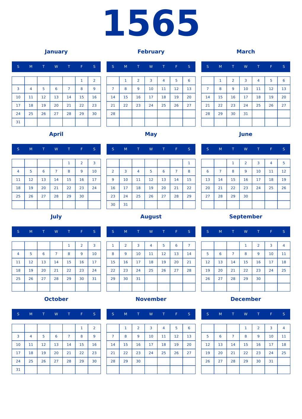Printable 1565 Year Calendars smalt