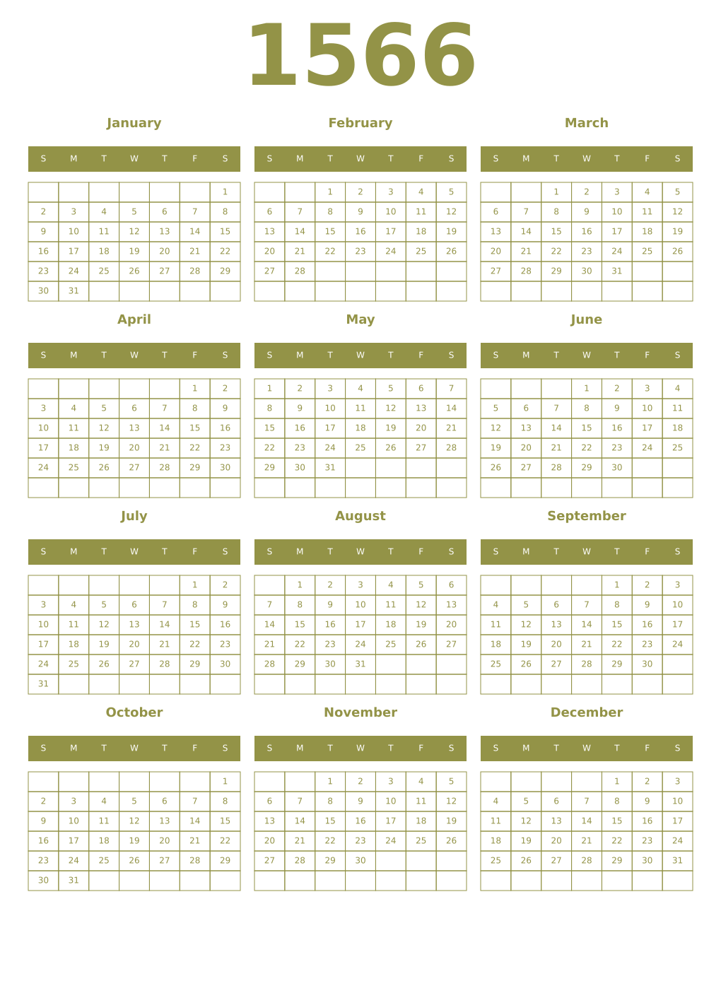 Printable 1566 Year Calendars eburnean